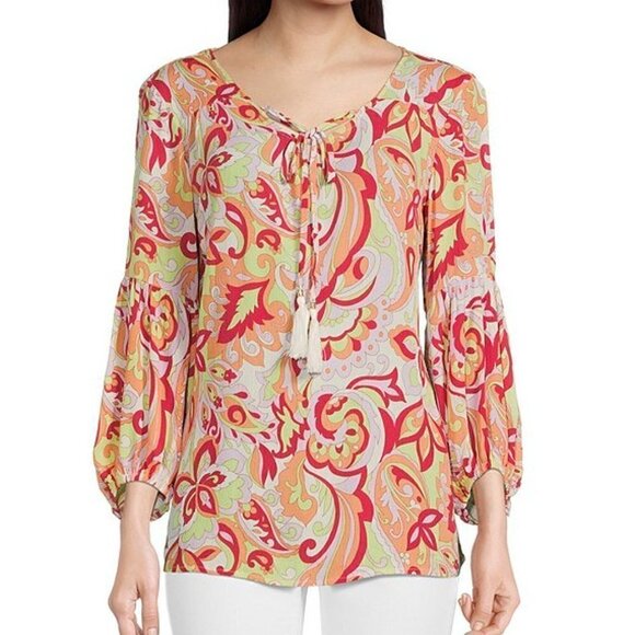 I.N Studio Multi Color BOHO Tassel Tie Neck Line Pull Over Top Size 2X Petite - Picture 1 of 9